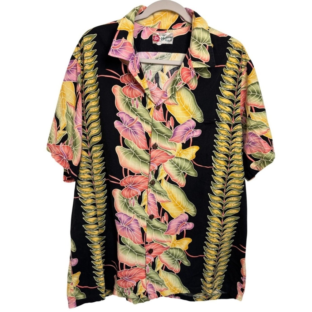 Vintage Hilo Hattie Hawaiian Aloha Shirt XL Black Tropical Floral Border Print